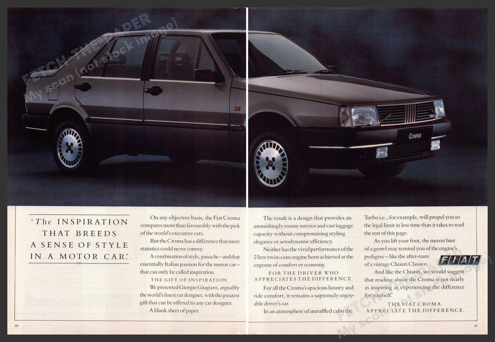 Fiat Croma Car 1980s Print Advertisement (2 pages) 1987 Breeds a sense of style Fetch-the-Paper