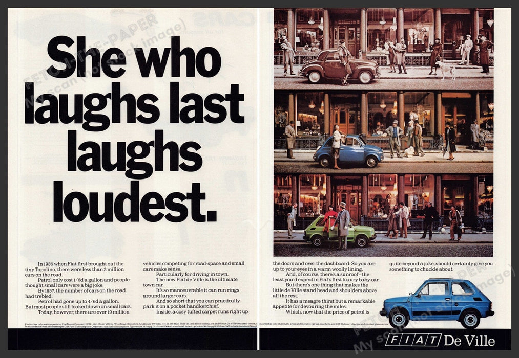 Fiat de Ville Car 1980s Print Advertisement (2 pages) 1980 Woman Shopper Fetch-the-Paper