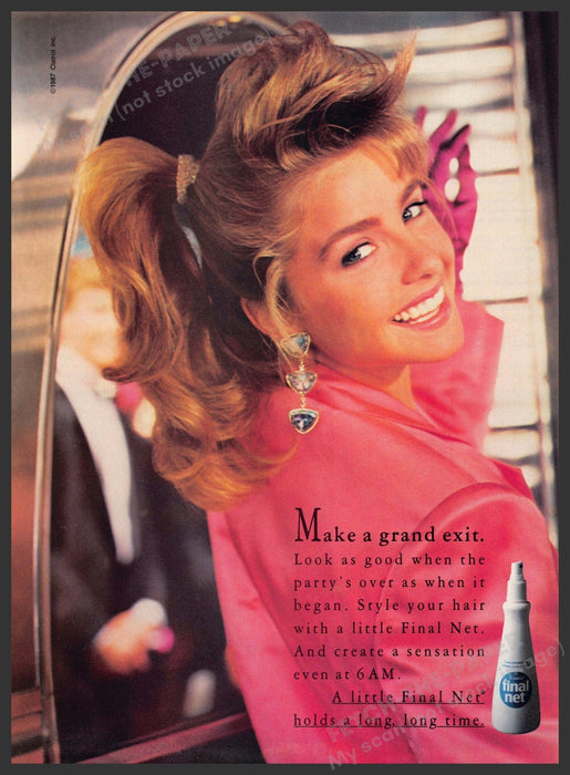 Final Net Hair Spray 1980s Print Advertisement 1987 Girl Ponytail Fetch-the-Paper