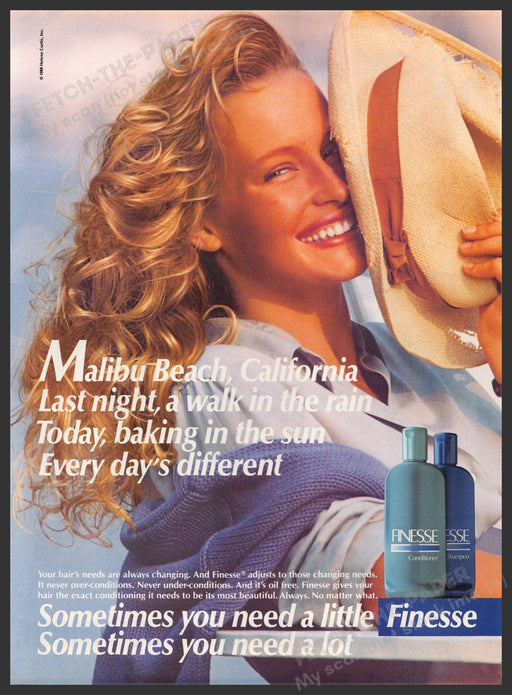 Finesse 1980s Print Advertisement 1989 Hair Malibu Beach Blonde Curly Hair Finesse