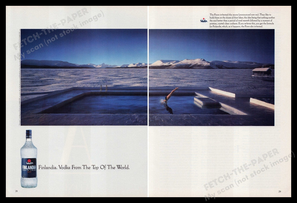 Finlandia Vodka 1990s Print Advertisement (2 Pg) 1991 From the top of the world Fetch-the-Paper
