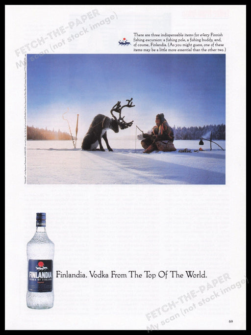 Finlandia Vodka Ice Fishing Reindeer 1990s Print Advertisement Ad 1993 Fetch the Paper!