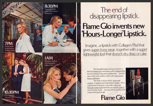 Flame Glo 1980s Print Advertisement (2 pages) 1981 Hours-Longer Lipstick Flame Glo