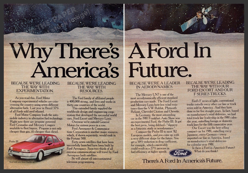 Ford America's Future 1980s Print Advertisement (2 page) 1982 Probe III Fetch-the-Paper