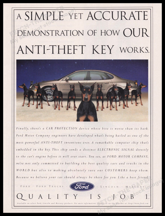 Ford Anti-Theft Key 1990s Print Advertisement Ad 1997 Dobermann Dogs Fetch the Paper!