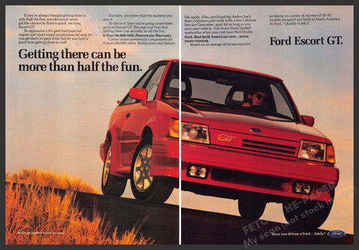 Ford Escort GT 1980s Print Ad (2 pg) Perfume 1987 "Getting there...half the fun" Ford Escort GT