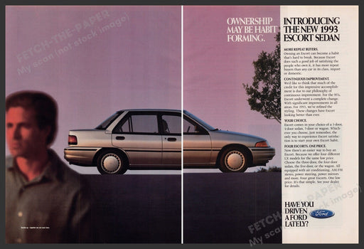 Ford Escort Sedan Car 1990s Print Advertisement (2 Page) 1992 Fetch-the-Paper
