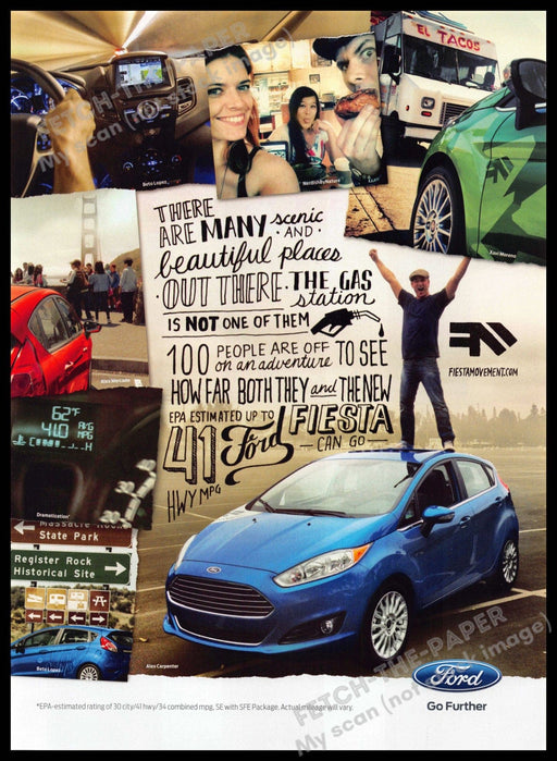 Ford Fiesta 2010s Print Advertisement 2013 Trip Collage "Go Further" 41 mpg Ford Fiesta