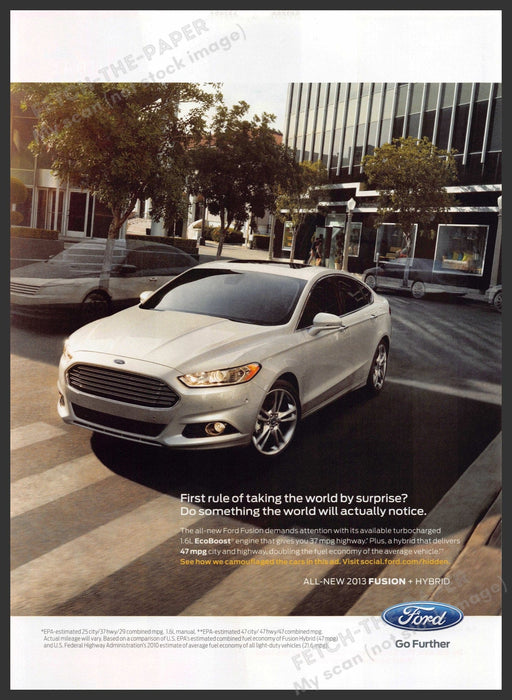 Ford Fusion Hybrid 2000s Print Advertisement 2013 Downtown Fetch-the-Paper