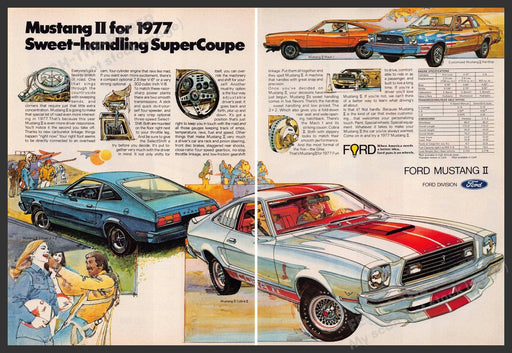 Ford Mustang II 1970s Magazine Print Advertisement (2 pages) 1977 Sweet Handling Ford Mustang II