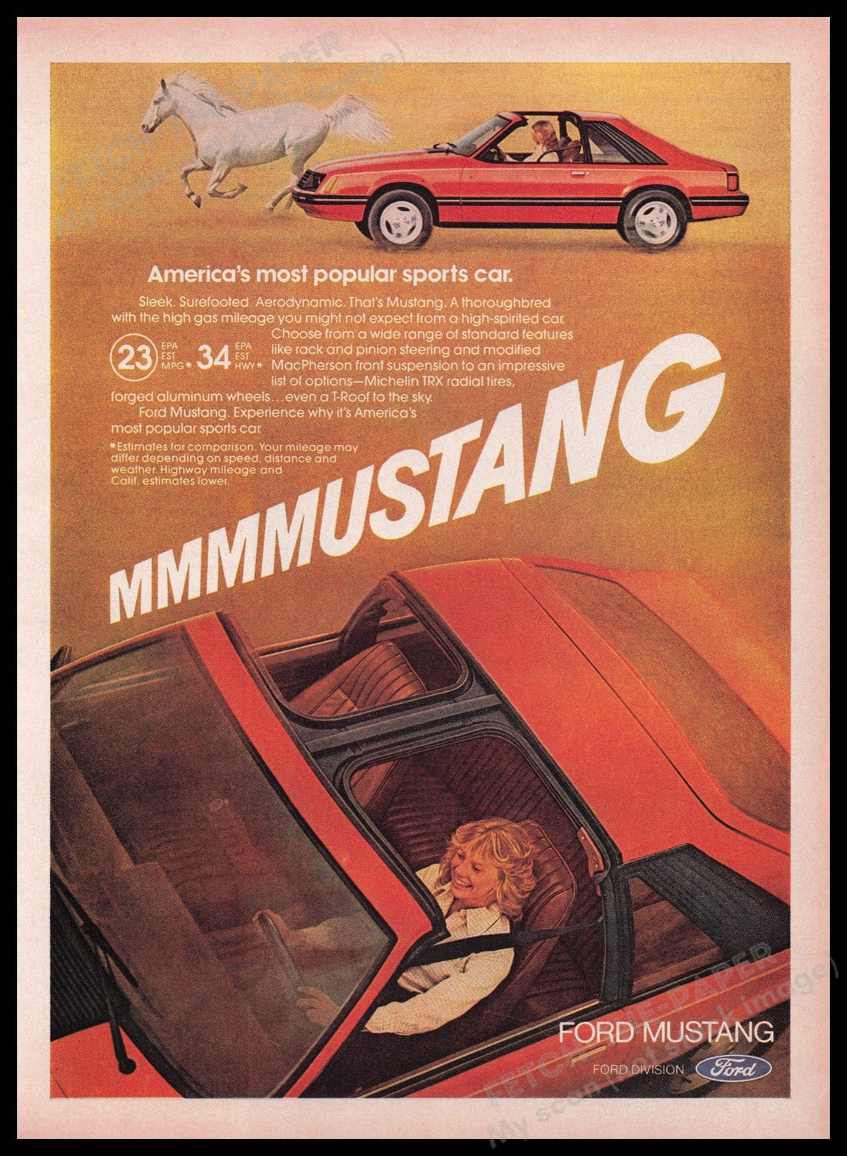 Vintage 1980s Ford Mustang T-Roof Car Print Ad 8