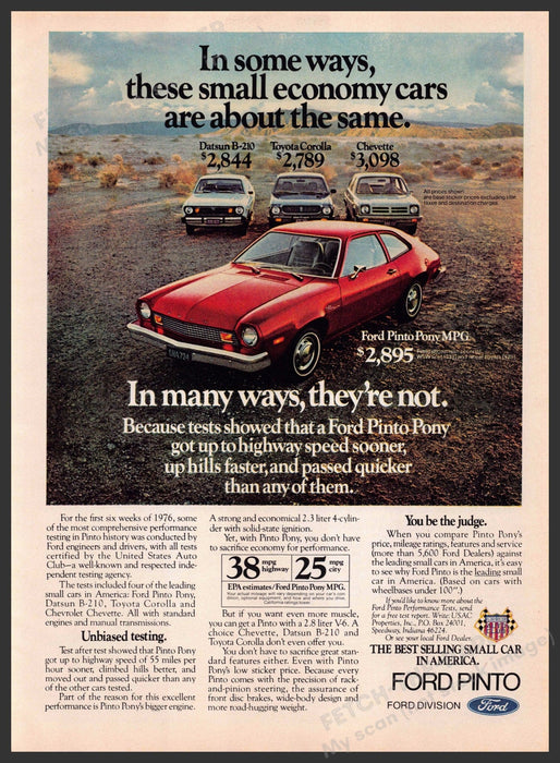 Ford Pinto 1970s Print Advertisement 1976 Pony MPG Compared to Other Models Fetch-the-Paper