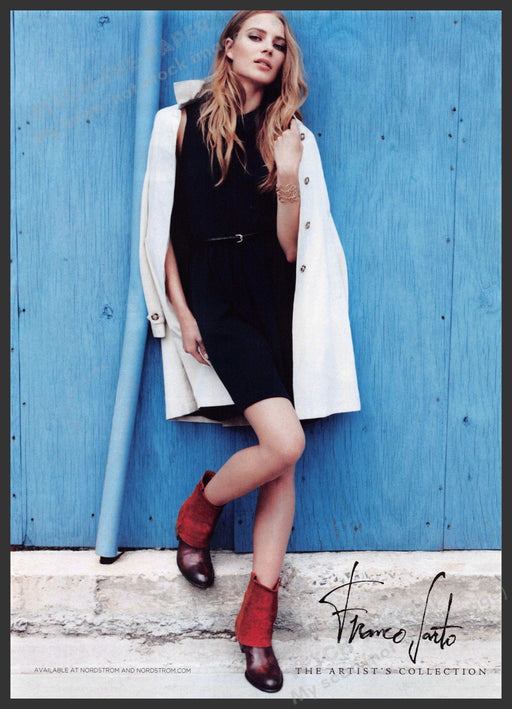 Franco Sarto Shoes 2010s Print Advertisement 2012 Model Posing Against Blue Wall Fetch-the-Paper