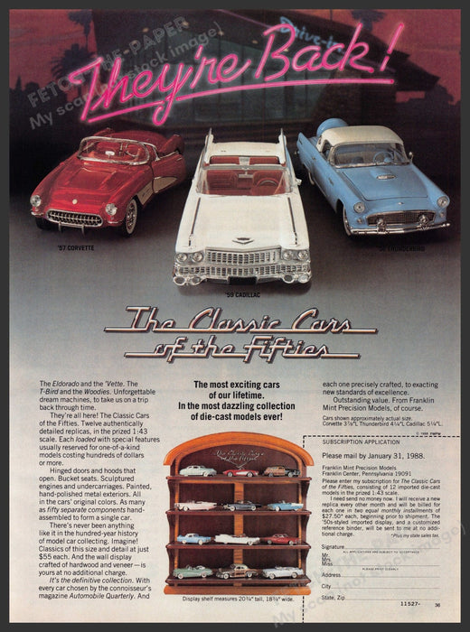 Franklin Mint The Classic Cars of the Fifties 1980s Print Advertisement Ad 1988 Fetch-the-Paper