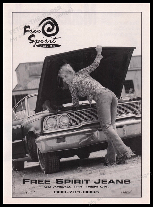 Free Spirit Jeans Girl Mechanic 1990s Print Advertisement Ad 1997 Under the Hood Fetch the Paper!