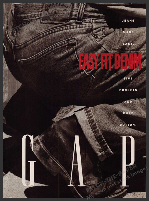 Gap Easy Fit Denim 1990s Print Advertisement Ad 1990 Squatting Down Fetch-the-Paper
