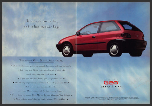 Geo Metro Car 1990s Print Advertisement (2 page) 1995 "Get to Know" Fetch-the-Paper