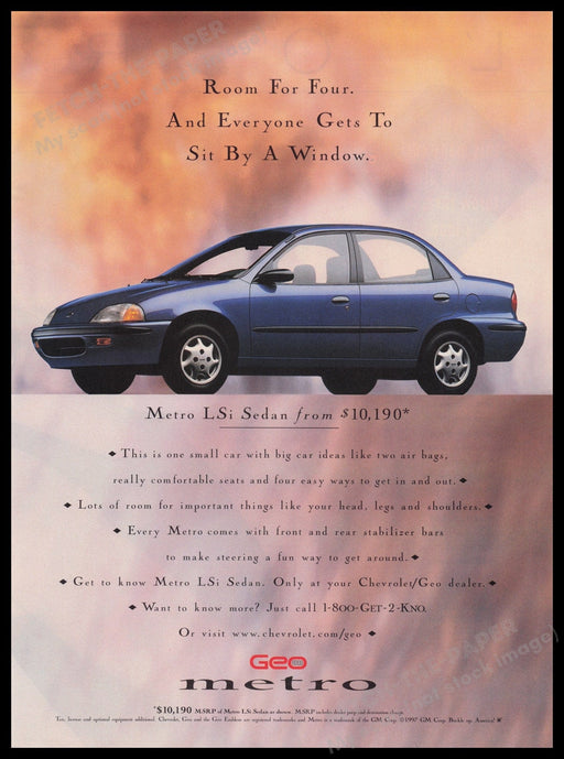 Geo Metro LSi Sedan Car 1990s Print Advertisement Ad 1997 Fetch the Paper!