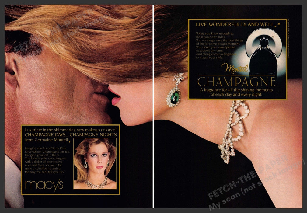 Germaine Monteil 1980s Print Advertisement (2 page) 1983 Champagne Kiss Lips Fetch-the-Paper