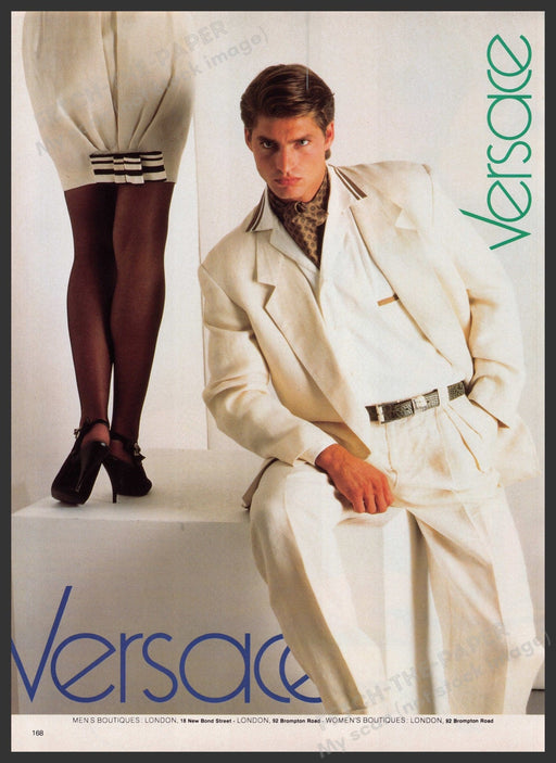Gianni Versace Clothing 1980s Print Advertisement Ad 1988 Legs Hosiery Sexy Fetch-the-Paper