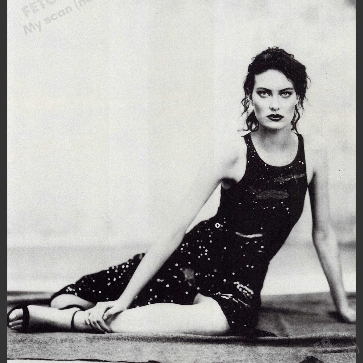 shalom harlow black dress in Versace SS95draped in a beaded sheer gown with sculpted curves and golden accents. Pure 90s opulence, walking art in motion., (Via TT/ 2000scvent) Young Shalom Harlow's Style Through