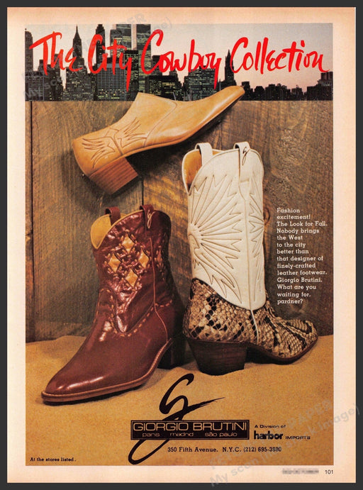 Giorgio Brutini City Cowboy Boots Twin Towers 1970s Print Advertisement Ad 1979 Fetch-the-Paper