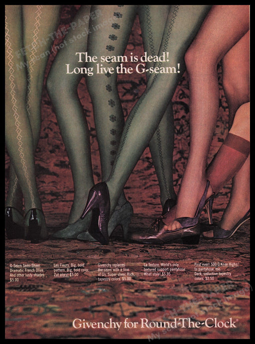 Givenchy Round The Clock Hosiery 1980s Print Advertisement Ad 1980 Lots of Legs Fetch the Paper!