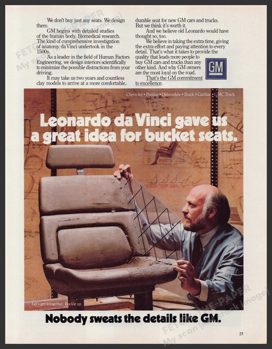 GM General Motors Bucket Seats Leonardo da Vinci 1980s Print Advertisement 1984 Fetch-the-Paper