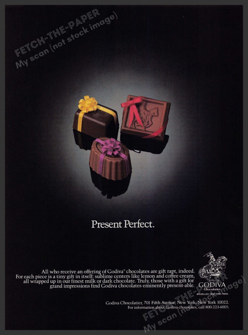 Godiva Chocolate 1980s Print Advertisement Ad 1987 Present Perfect Fetch-the-Paper