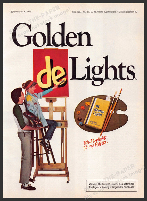 Golden de Lights Cigarettes 1980s Print Advertisement 1982 Couple Painting Easel Fetch-the-Paper