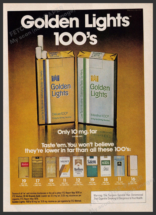 Golden Lights 100's Cigarettes 1970s Print Advertisement 1979 Fetch-the-Paper