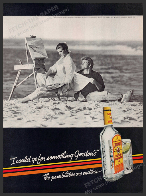 Gordon's Gin 1980s Print Advertisement 1985 Beach Easel Painting Couple Fetch-the-Paper