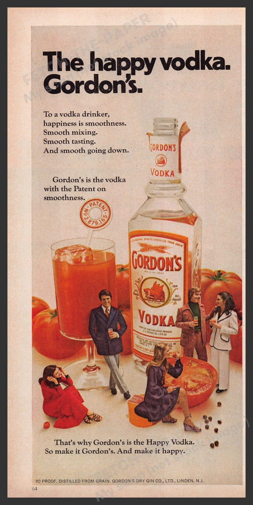 Gordon's Vodka 1970s Print Advertisement Ad 1973 Small People Tomatoes Fetch the Paper!