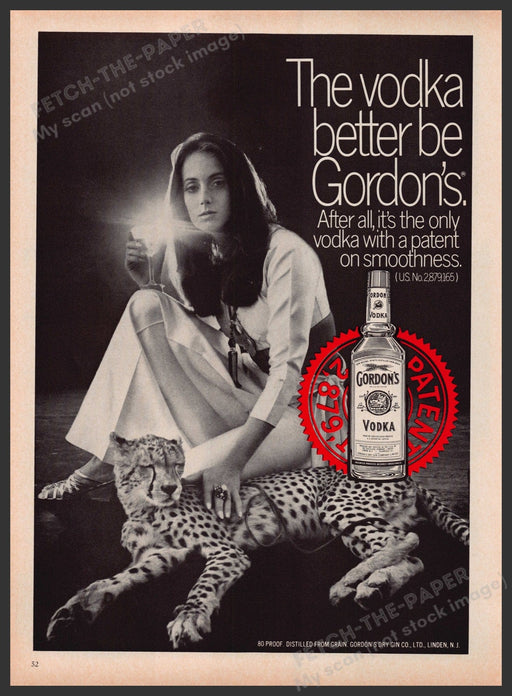 Gordon's Vodka Cheetah 1960s Print Advertisement Ad 1969 Fetch the Paper!