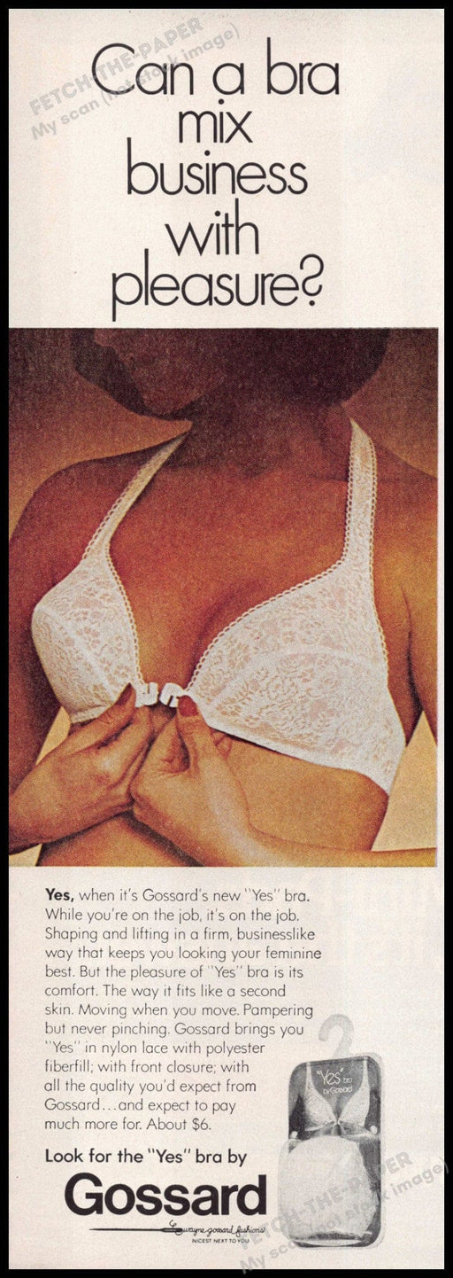 Gossard 1970s Print Advertisement 1976 "Can a bra mix business with pleasure?" Gossard