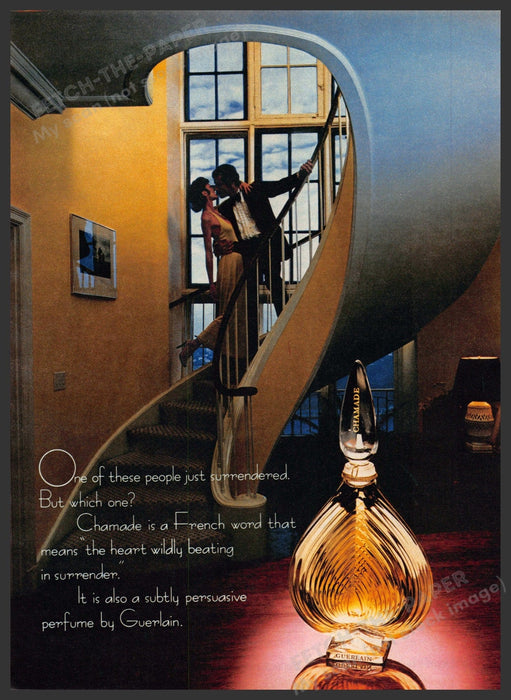 Guerlain Chamade 1970s Print Advertisement 1979 Couple Kissing Winding Staircase Guerlain