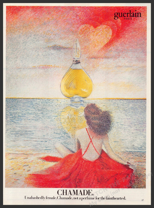 Guerlain Chamade Perfume 1980s Print Advertisement Ad 1982 Illustration Fetch the Paper!