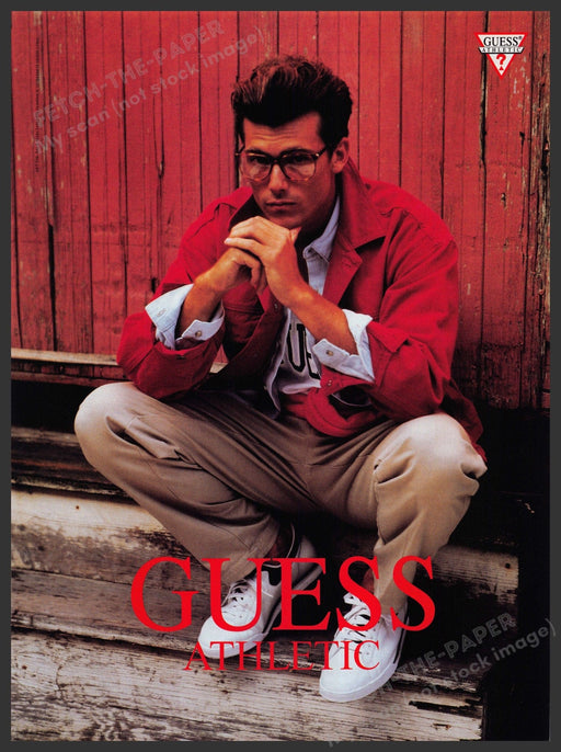Guess Athletic 1990s Print Advertisement 1993 Male Student Squatting Down Fetch-the-Paper