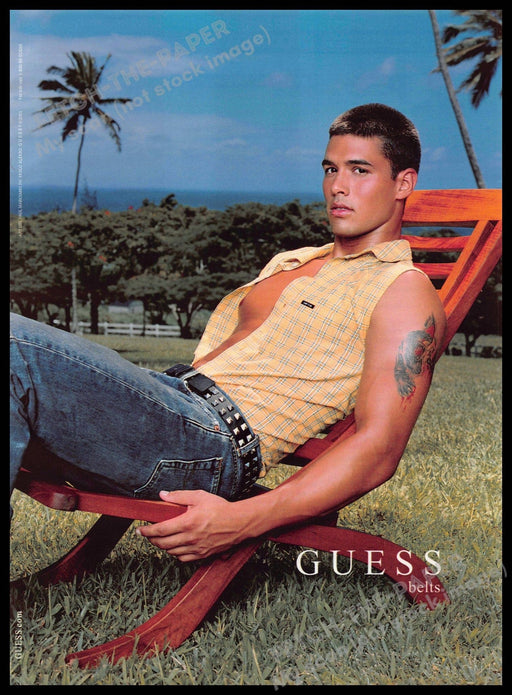 Guess Belts 2000s Print Advertisement 2001 Lawn Chair Sexy Male Model Guess