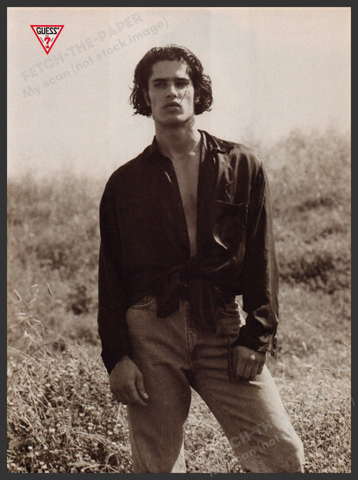 Guess Cameron Alborzian Male Model 1980s Print Advertisement Ad 1988 Hay Field Fetch-the-Paper