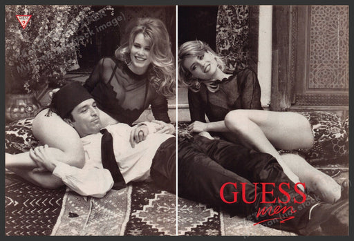 Guess Claudia Schiffer 1990s Print Advertisement (2 Pg) 1990 Floor Moroccan Fez Fetch-the-Paper