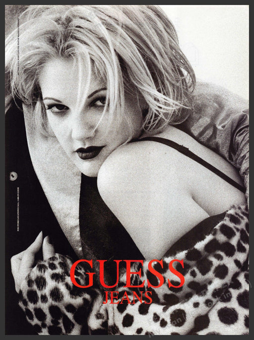 Guess Drew Barrymore 1990s Print Advertisement 1993 Jeans Polka Dot Jacket Sexy Fetch-the-Paper