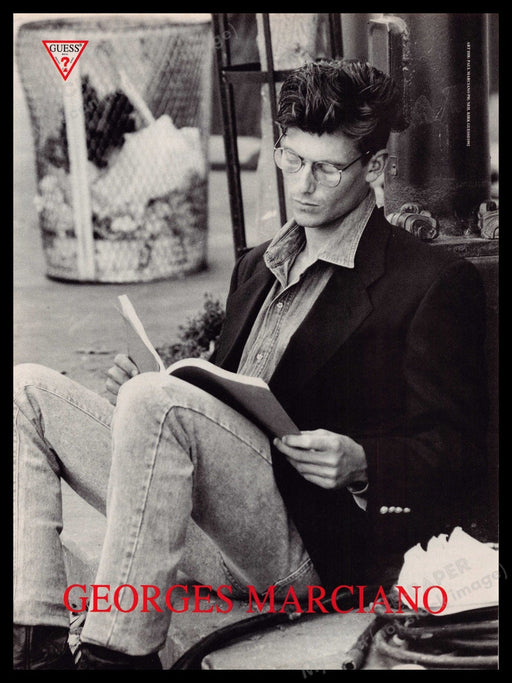 Guess Georges Marciano 1990s Print Advertisement Ad 1992 Male Model Reading Fetch-the-Paper