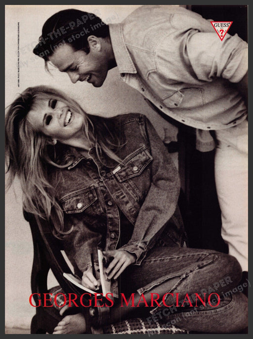 Guess Georges Marciano Claudia Schiffer 1990s Print Advertisement Ad 1992 Laugh Fetch-the-Paper
