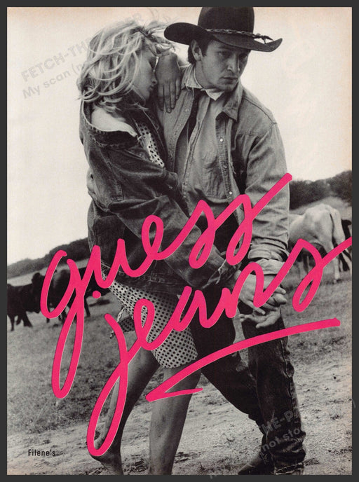 Guess Jeans 1980s Print Advertisement 1986 Cowboy & Cowgirl Dancing Fetch-the-Paper