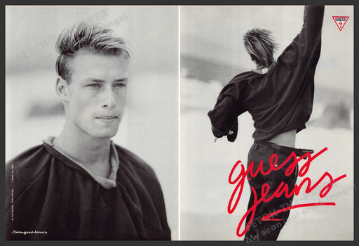 Guess Jeans 1980s Print Advertisement (2 Page) Ad 1987 Male Model Mohawk Style Fetch-the-Paper