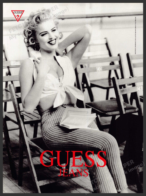 Guess Jeans Eva Herzigova 1990s Print Advertisement 1992 Deck Chairs Reading Fetch-the-Paper