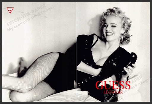 Guess Legwear Eva Herzigova 1990s Print Advertisement (2 Pg) 1992 Fish net Phone Fetch-the-Paper