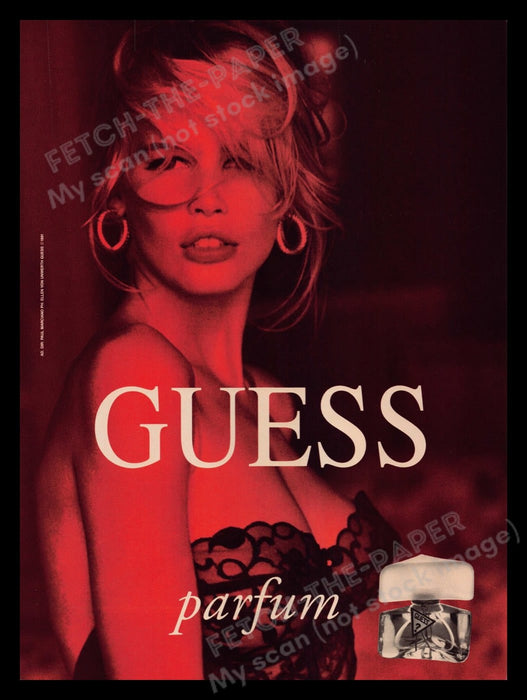 Guess Perfume Claudia Schiffer 1990s Print Advertisement Ad Front / Back 1991 Fetch-the-Paper