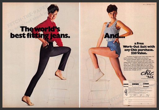 h.i.s. Chic Jeans 1980s Print Advertisement (2 page) 1984 Legs Work-out Fetch-the-Paper